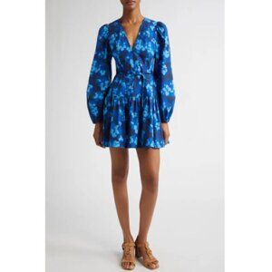 ULLA JOHNSON 'Anita' V-Neck Long-Sleeve Floral Mini-Dress, Azure Blue Multi